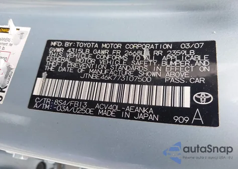 2007 Toyota Camry Ce/Le/Xle/Se from USA, damaged, VIN JTNBE46K773107500